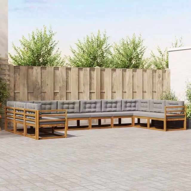 Set di divani da esterno a forma di L vidaXL in legno di acacia con cuscini grigi