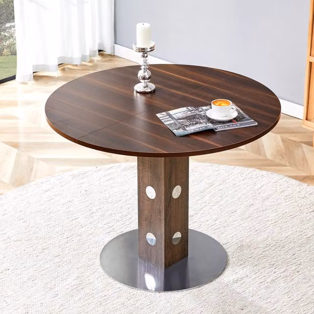 Tavolo da pranzo rotondo in MDF effetto legno noce con struttura in metallo diametro 100 cm altezza 76 cm