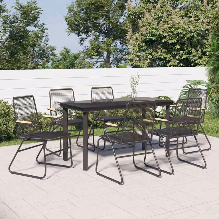 Set da pranzo da giardino vidaXL in 7 pezzi in rattan nero con piano in vetro e dettagli in legno