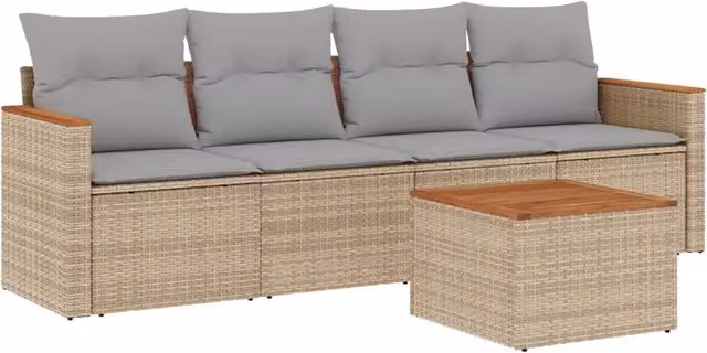 Set Divano da Giardino 5 pz | Set Salotto da Giardino con Cuscini Beige Misto Polyrattan