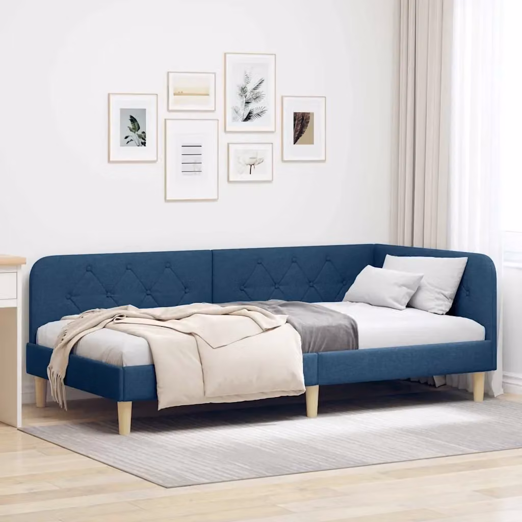 Letto singolo moderno DESIGN IN in tessuto blu con struttura in legno, L/P/H: 190 x 90 x 72 cm – 2