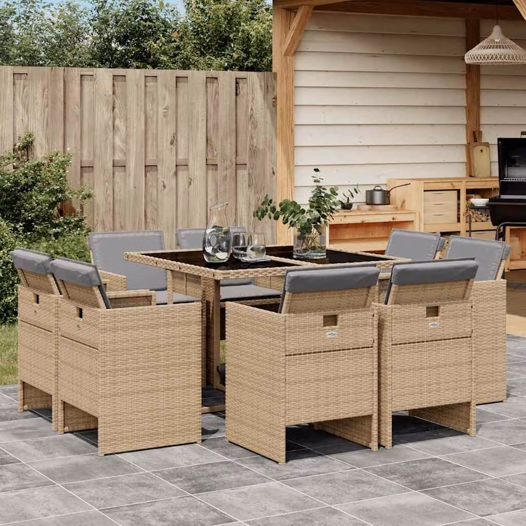 Set Pranzo da Giardino vidaXL in Polyrattan con Cuscini Beige Misto e Tavolo in Vetro 9 pz