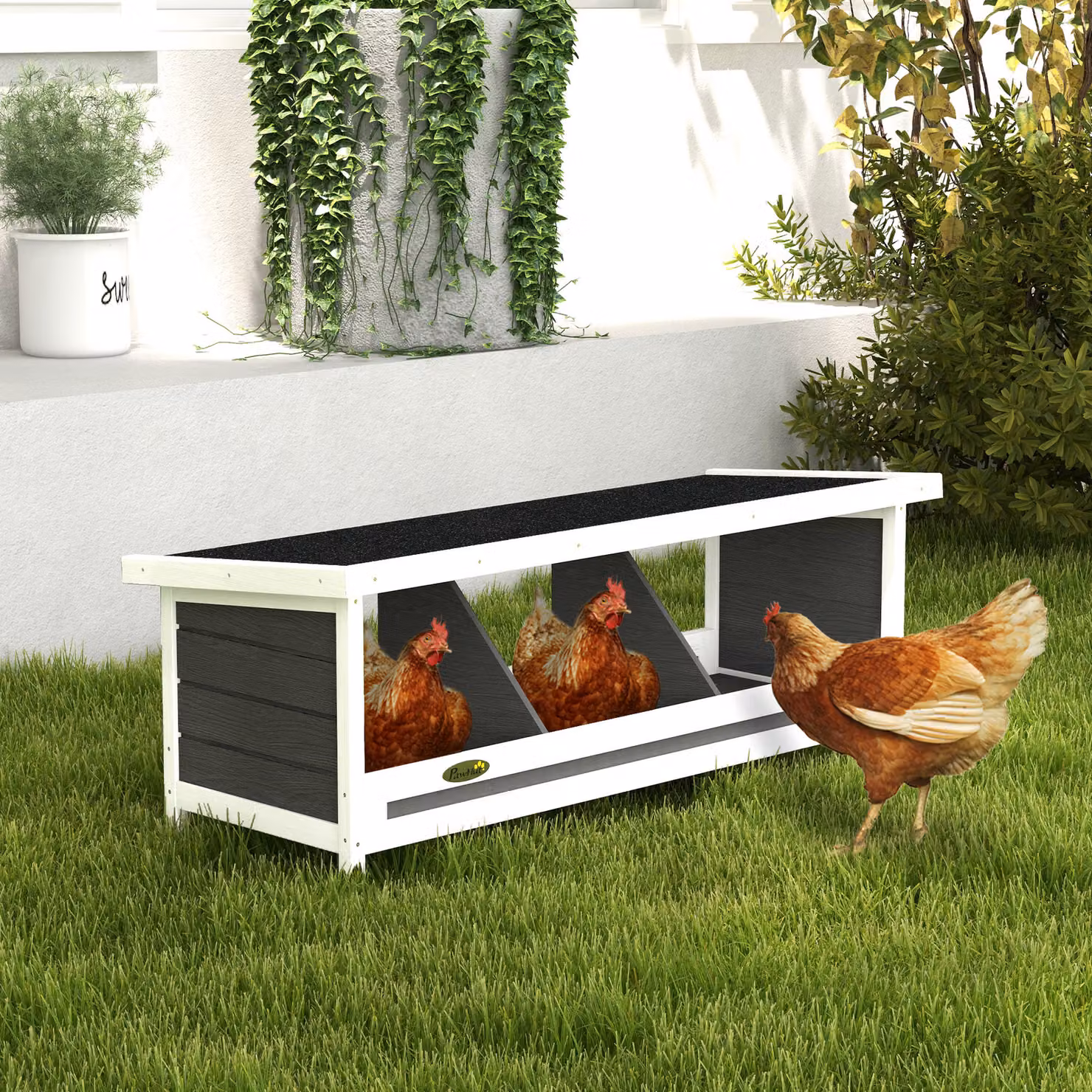 Nido per galline PawHut a 3 aree con base rialzata e tetto in legno e bitume, Grigio, L: 95 cm, P: 37 cm, H: 34 cm – 2