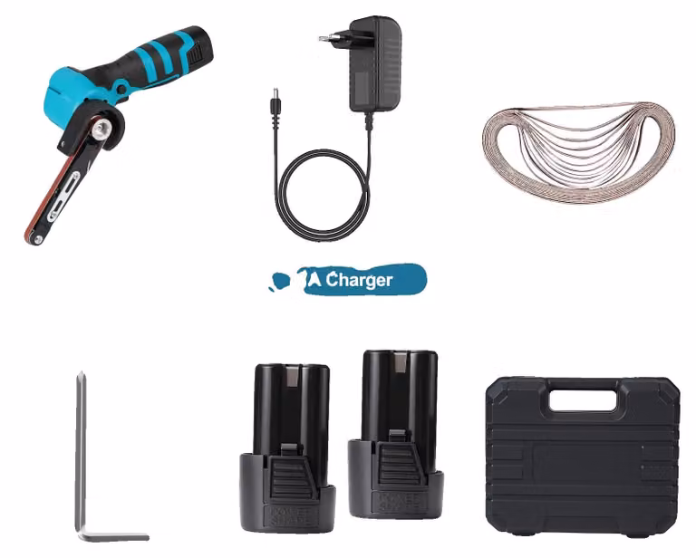 Smerigliatrice a nastro mini elettrica, senza fili, con velocità regolabile in modo continuo, colore blu, include 2 batterie