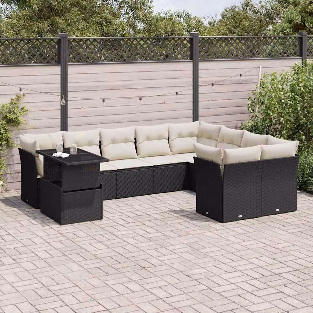 Set Divani da Giardino vidaXL a Forma di L con Tavolino e Cuscini, Struttura in Metallo e Polyrattan Nero – 1