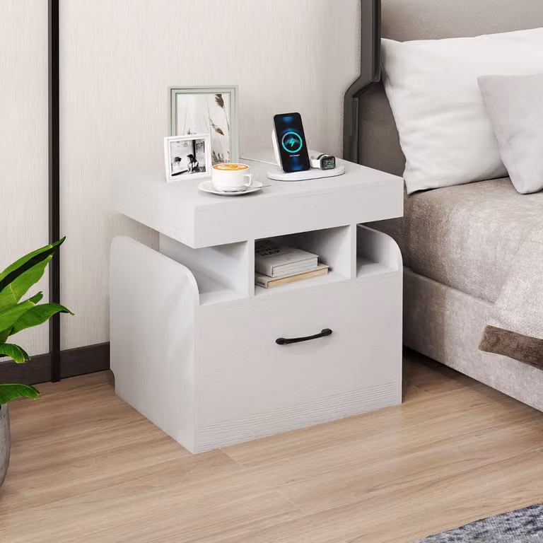 Costway Tavolino da letto con cassetto, vano scorrevole e stazione di ricarica, Comodino Bianco con ripiani aperti