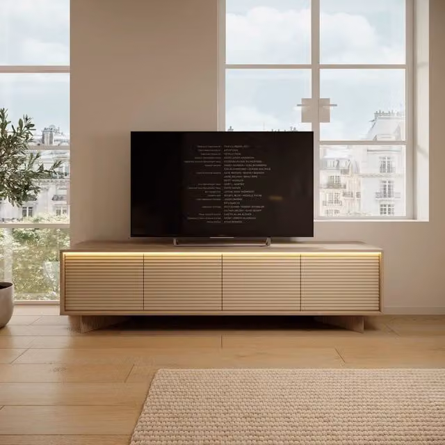 Mobile porta TV Kame DMORA in legno rovere marrone e beige con illuminazione integrata L: 204 cm, P: 40 cm, H: 54 cm – 1