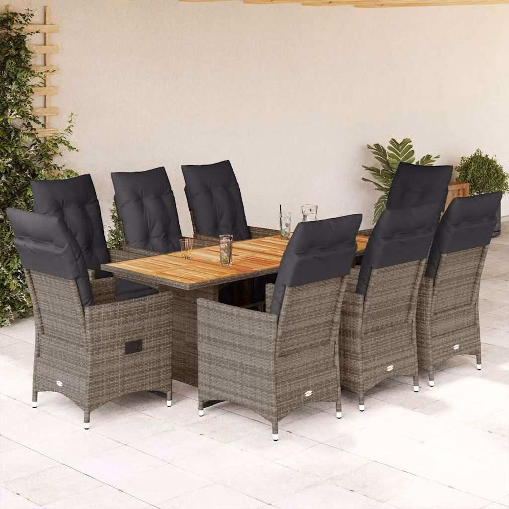 vidaXL Set Bistrò da Giardino 9 pz in Polyrattan e Legno di Acacia Grigio – 1