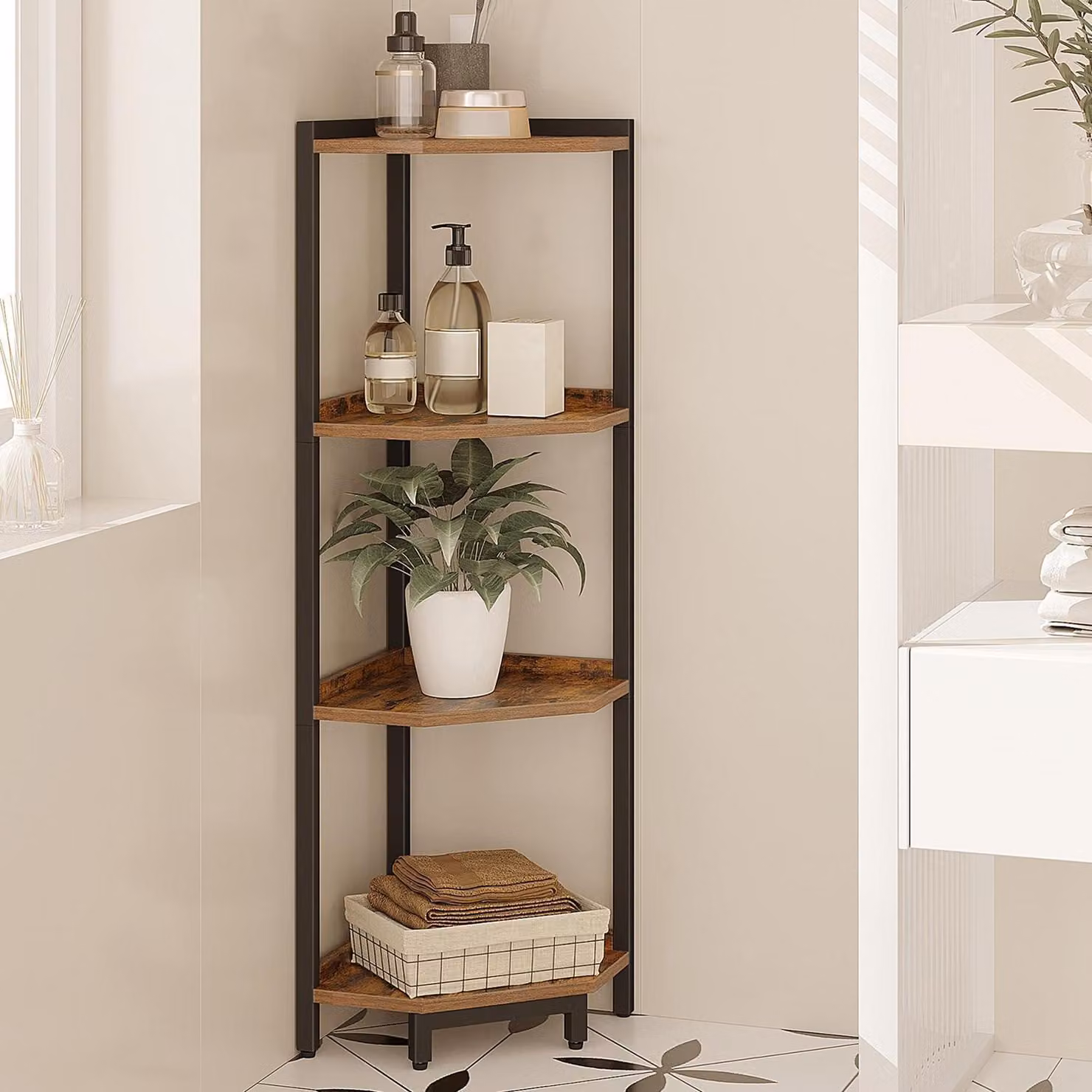 Scaffale a 4 ripiani, stile vintage, color marrone scuro e nero, dimensioni 30 x 30 x 104,5 cm