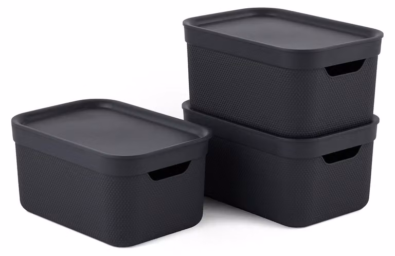 Set decorativo di 3 contenitori portaoggetti da 5 litri con coperchio, in plastica (PP riciclato), colore nero, dimensioni 3x5 litri (26,5 x 18,5 x 13,5 cm)