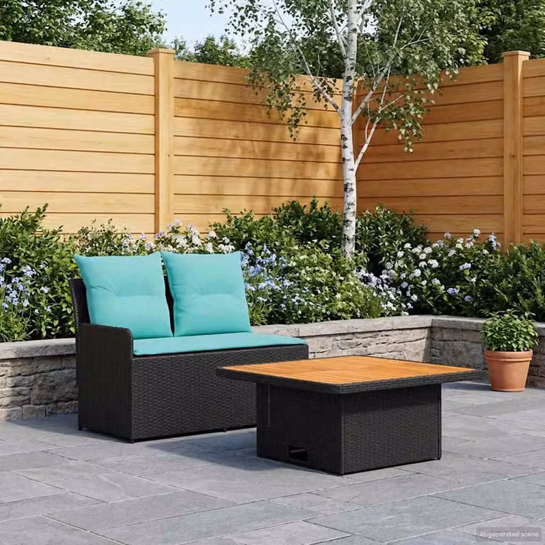 Set da giardino vidaXL composto da divano angolare a 2 posti e tavolino da esterno in polyrattan con cuscini in schiuma color turchese e nero