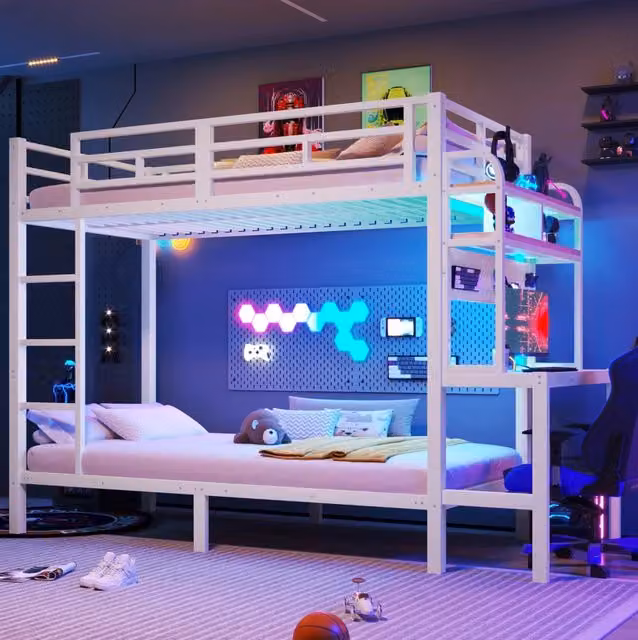 Letto a castello 90x200 cm con struttura in ferro, scrivania integrata, LED multicolore e presa USB, bianco