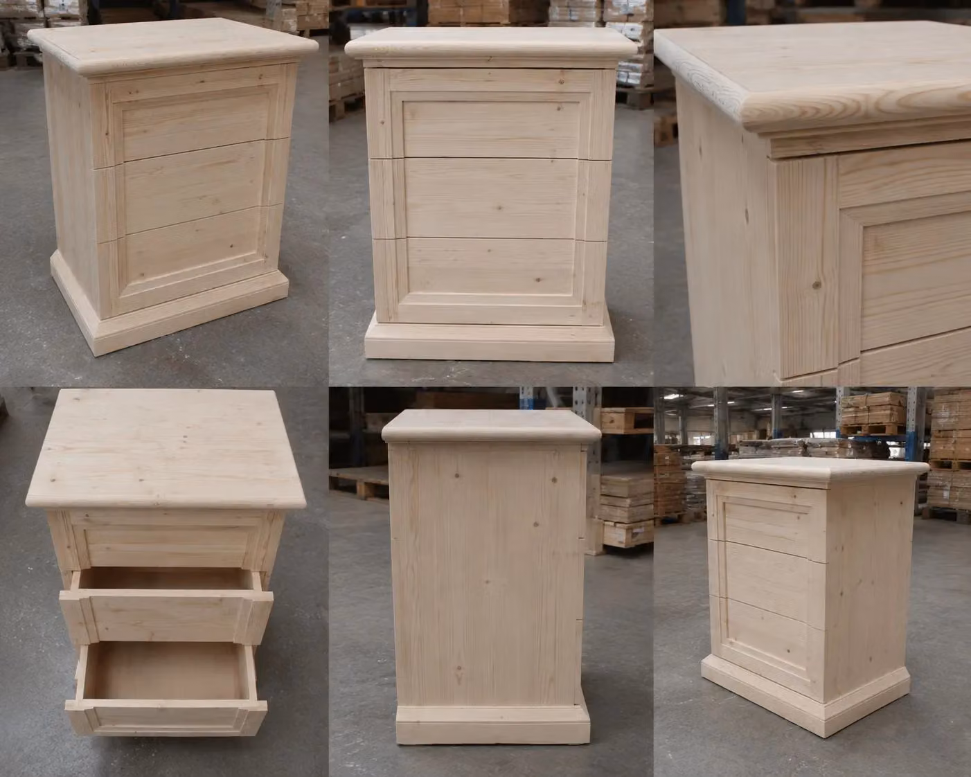 Comodino classico con 3 cassetti in legno massello di abete grezzo Mobili 2G L: 55 cm, P: 39 cm, H: 64 cm – 2