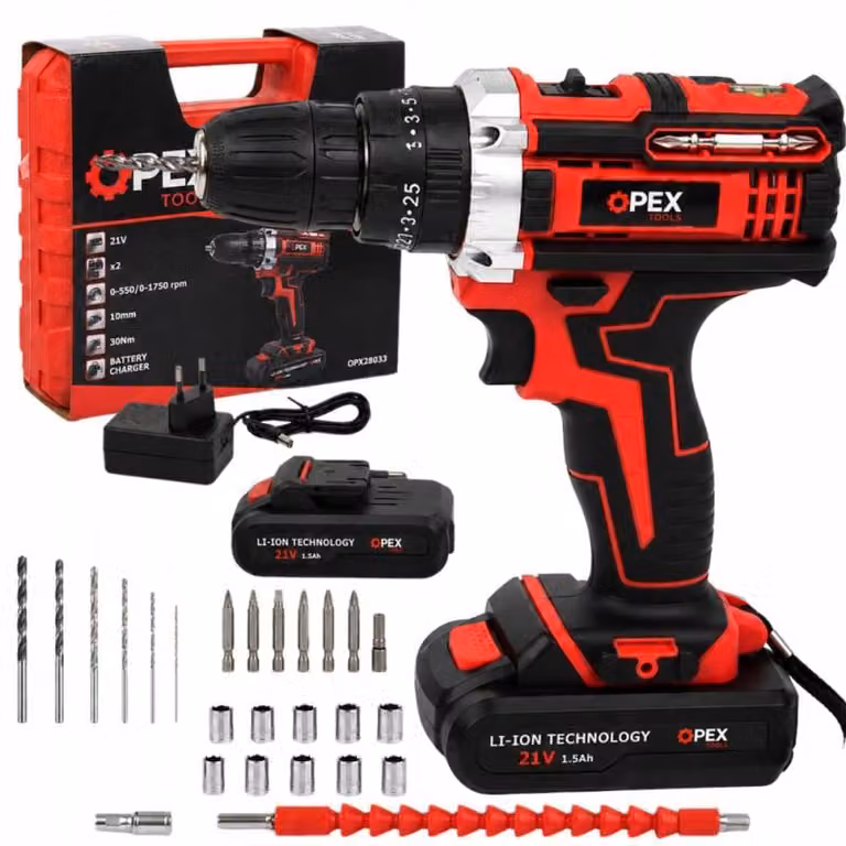 Trapano avvitatore a batteria da 21 volt, fornito in valigetta, con accessori e set di punte