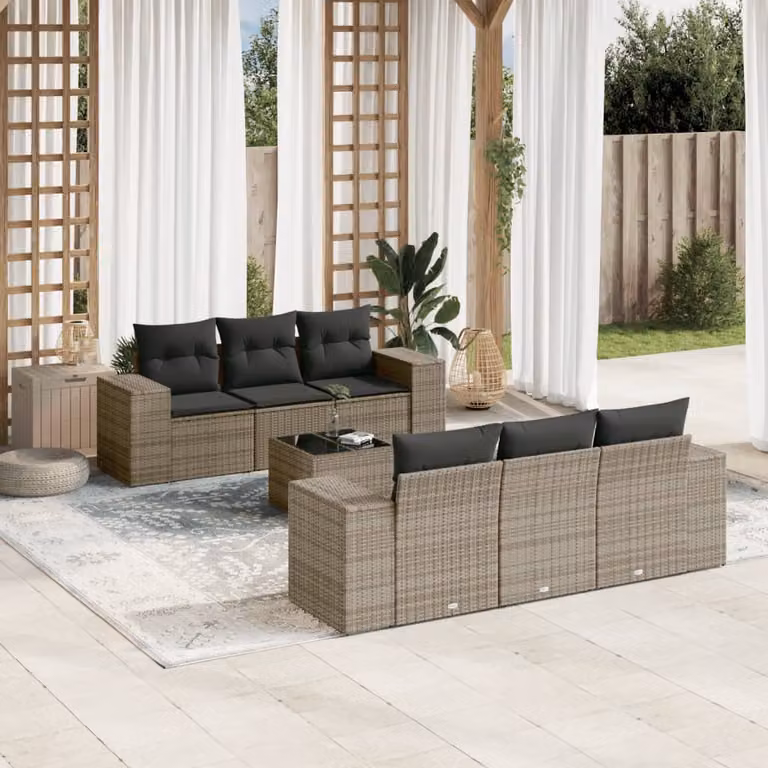 vidaXL Set Divani da Giardino 7 Pezzi in Polyrattan Grigio con Cuscini e Tavolino