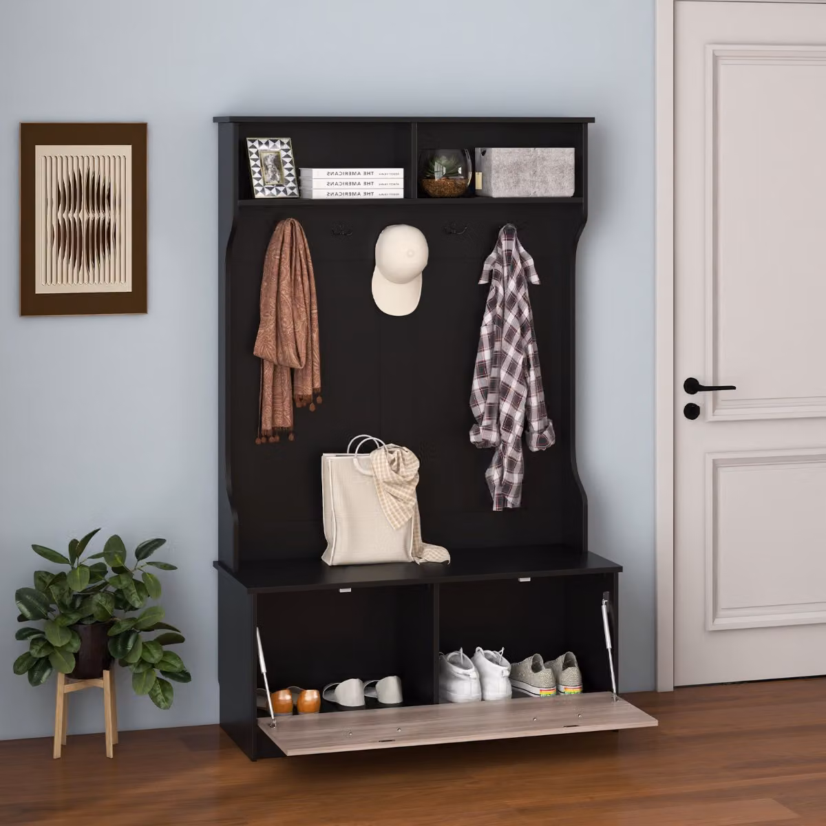 Costway Armadio con Appendiabiti Multifunzionale e Panca, Organizzatore per Ingresso e Camera da Letto, L: 100 cm, P: 39 cm, H: 160 cm, Nero – 3