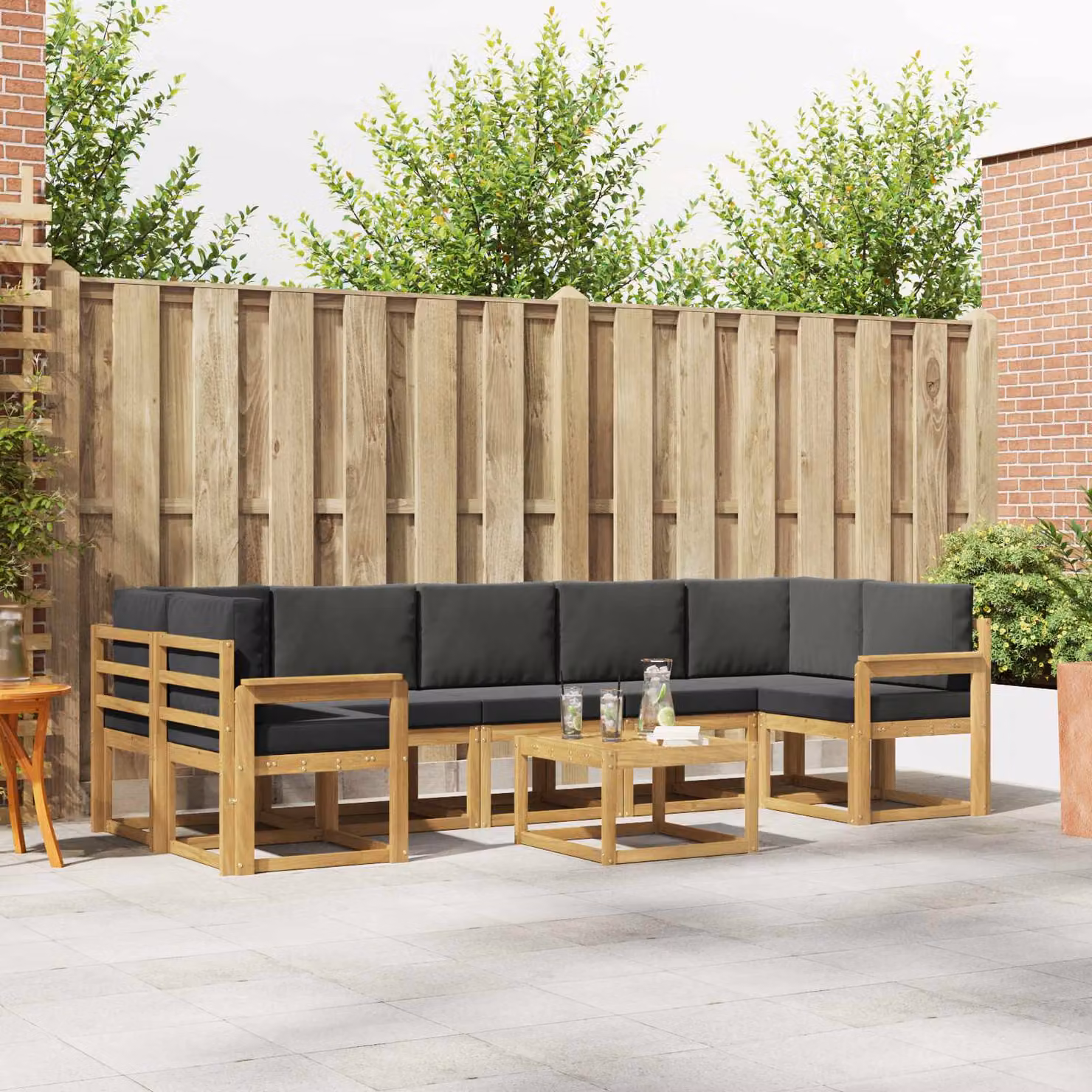 Set di divani da esterno vidaXL in legno di acacia con cuscini, forma a L, marrone e antracite