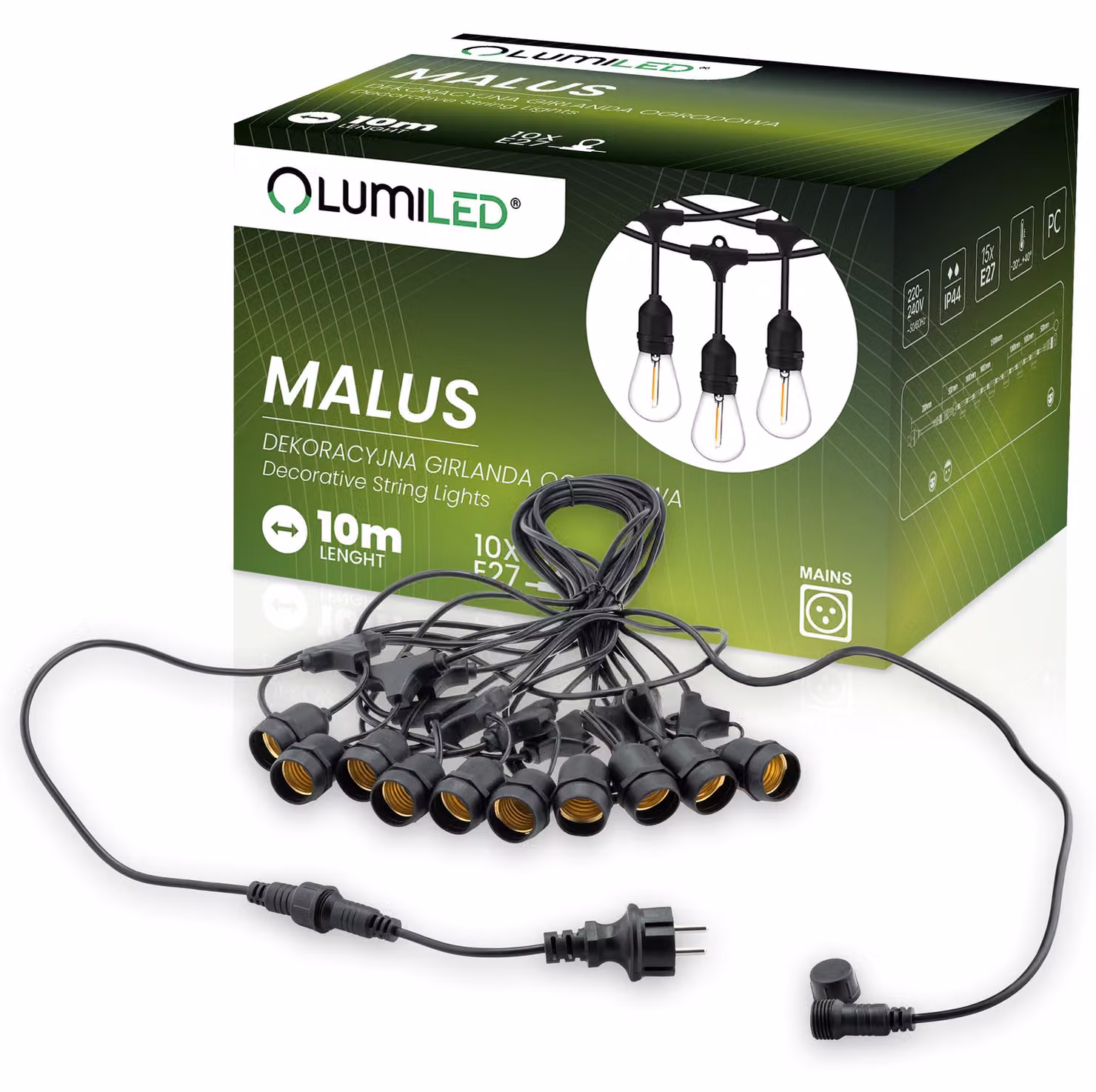 Catena luminosa da esterno MALUS, 10 metri, 10 portalampade E27, marca LUMILED