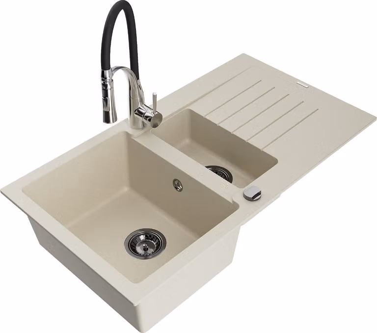 Mexen Matias lavello in granito 1,5 vasche con scolapiatti e rubinetto cucina Aster, beige - 6502-69-73450-07-B