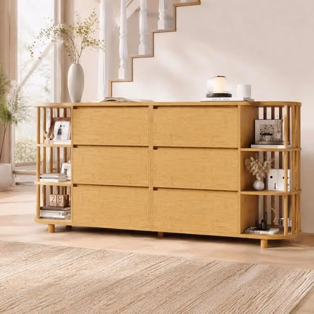 Credenza 160x40x75 cm in MDF e bambÃ¹ con 6 cassetti e ripiani aperti color rovere