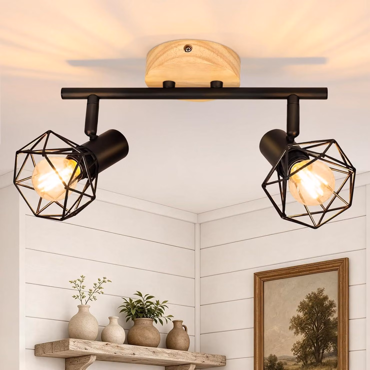 ZMH Lampada da soffitto a due luci, nera, in legno, ideale per corridoi, cucine e soffitti in stile industriale. Lampada da soffitto orientabile a 350°, attacco E14, adatta anche per la camera da letto
