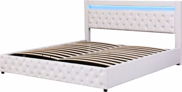 Letto imbottito 180x200 cm con rete a doghe, contenitore e illuminazione LED, rivestimento in PU bianco