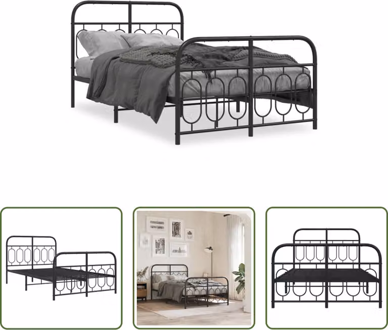 The Living Store Struttura letto con testiera e pediera in metallo nero 120x190 cm
