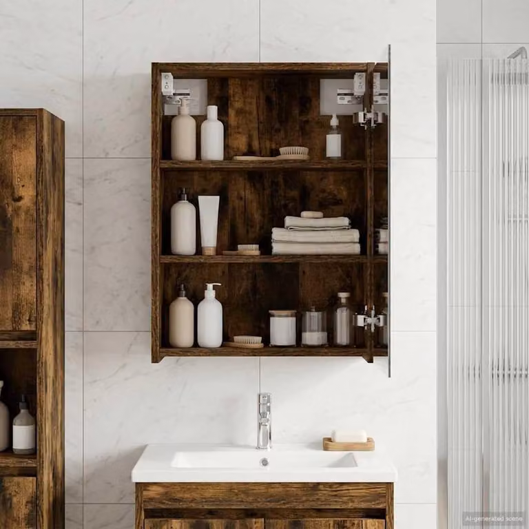 Specchio da bagno a doppio lato, in legno di quercia affumicato