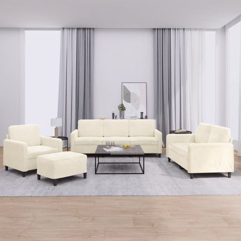 Set di divani moderno vidaXL in velluto beige composto da un divano a 3 posti, un divano a 2 posti, un pouf e cuscini coordinati