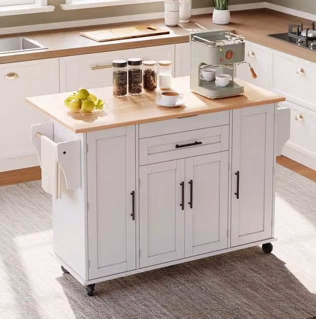 Isola cucina mobile 136x70x92 cm in MDF bianco e naturale con piano allungabile