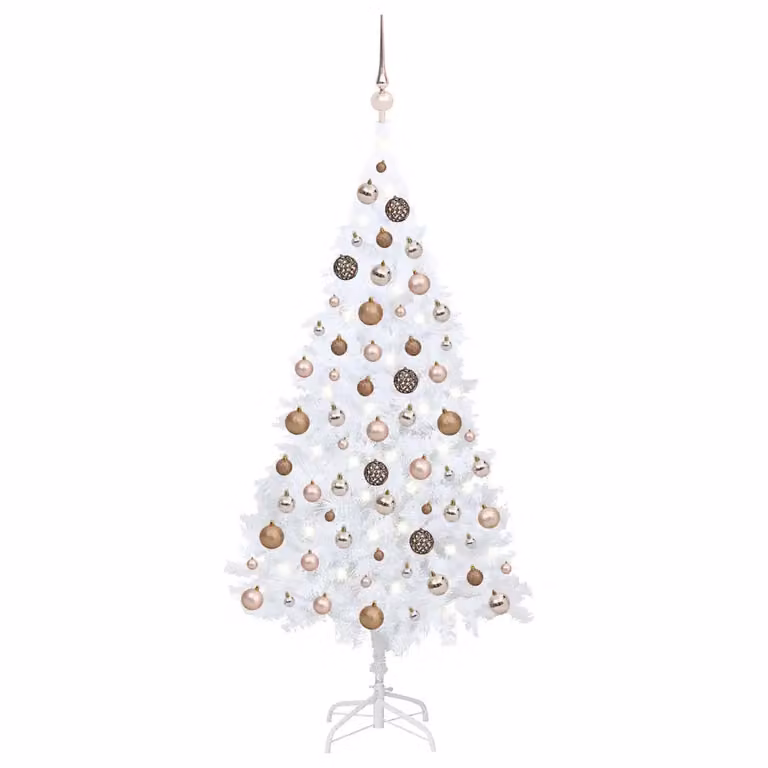 Albero di Natale Preilluminato con LED e Palline vidaXL, Bianco e Oro, 150 cm, Stile Moderno in PVC e Metallo