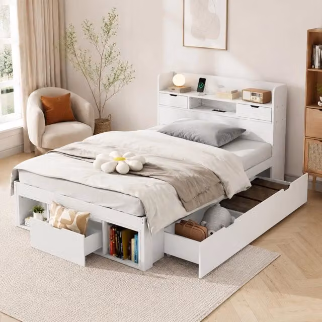 Letto singolo 90x200 cm con USB, cassetti e armadietto, per bambini e ragazzi, bianco, senza materasso