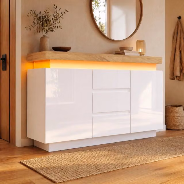 Credenza 140x39x81 cm bianca in pannello truciolare e MDF, 2 ante, 3 cassetti LED
