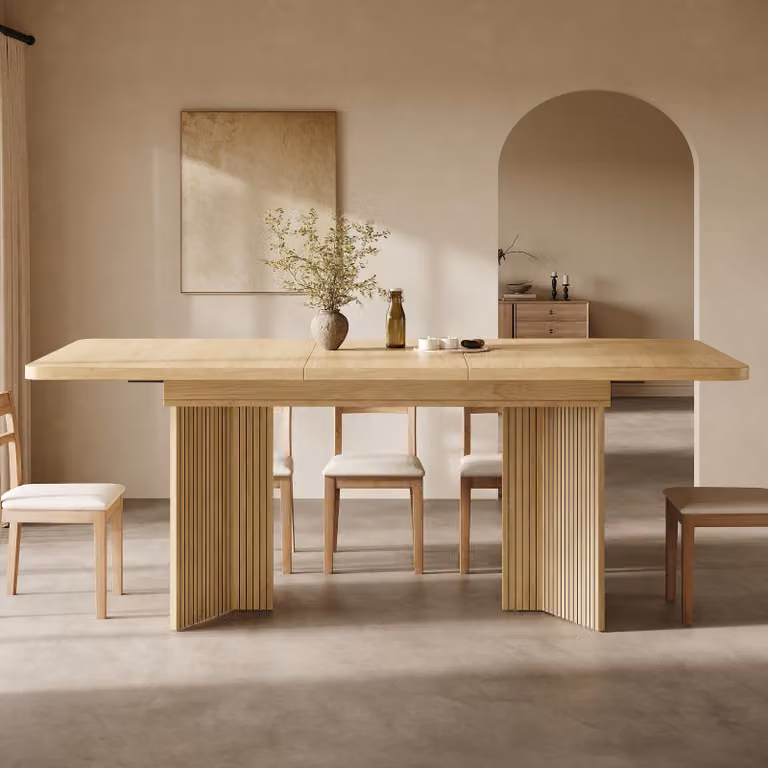 Tavolo allungabile, con gambe a V verticali scanalate, tavolo da pranzo rettangolare da 120–160 cm, tavolo da cucina, legno di quercia chiaro