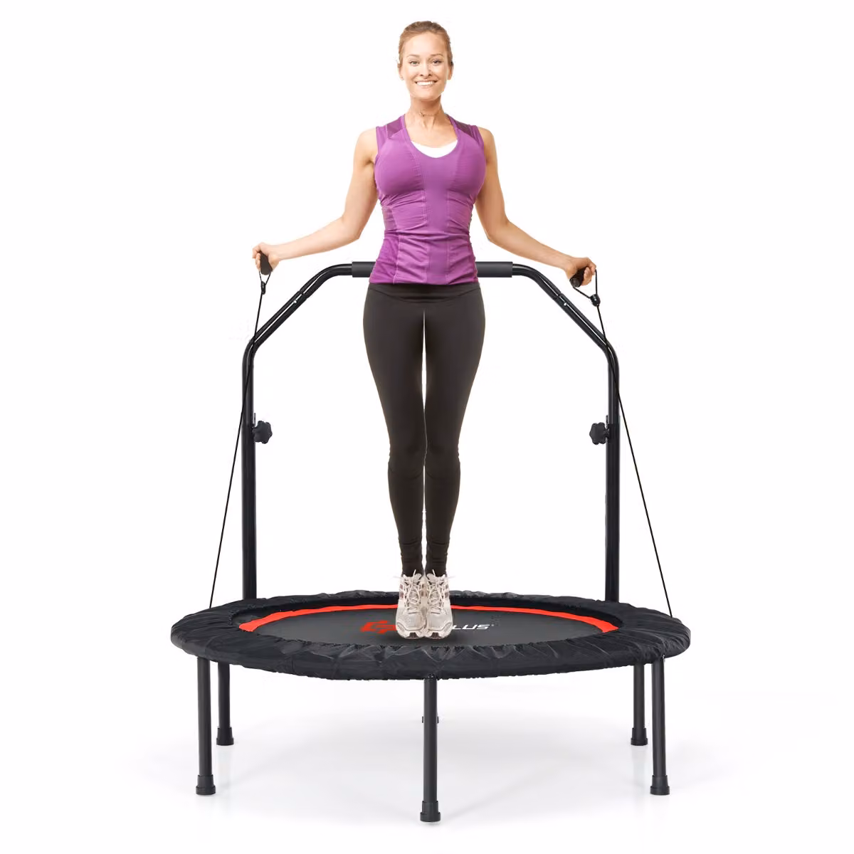 Costway Mini Trampolino Pieghevole con Maniglia Regolabile e Bande di Resistenza, Rosso, Diametro: 101 cm