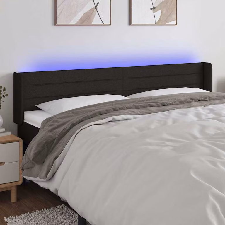 Testiera per letto vidaXL in tessuto nero con illuminazione LED integrata e porta di ricarica USB, L: 183 cm, P: 16 cm, H: 78-88 cm