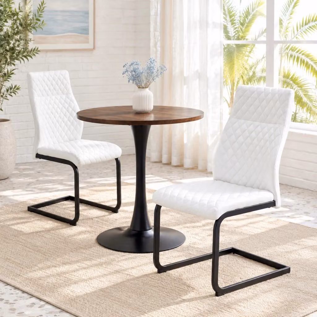 Set tavolo e sedie da pranzo moderno MIVRAY con base centrale in MDF e metallo, colore bianco e nero, L: 120 cm, H: 72 cm – 2