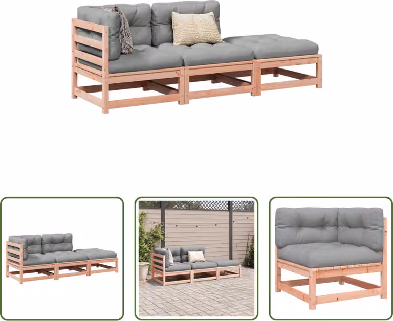 The Living Store Set di divani da giardino a 3 pezzi con cuscini in legno massiccio di abete Douglas