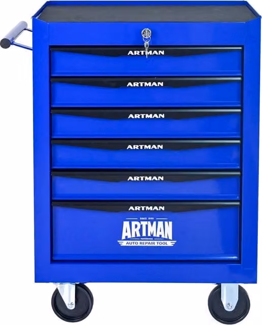 Mobiletto portautensili in acciaio con 6 cassetti su ruote, con piano di lavoro e serratura, disponibile in nero o blu, Altezza: 50,8 cm