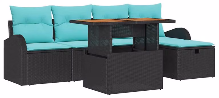 Set da giardino composto da 6 pezzi, colore nero, realizzato in rattan sintetico