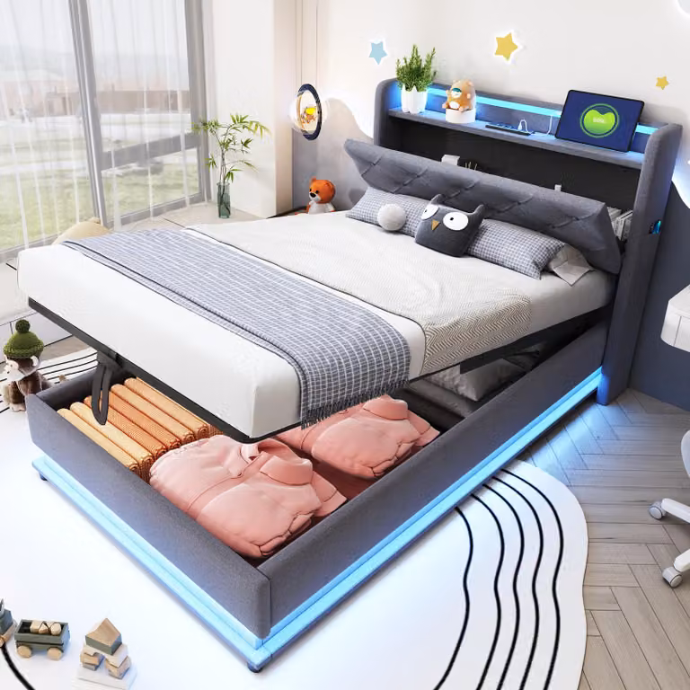 Letto imbottito Flieks 90x200cm con USB, letto contenitore letto singolo con rete a doghe e LED, letto a molle idrauliche letto per giovani, biancheria, grigio