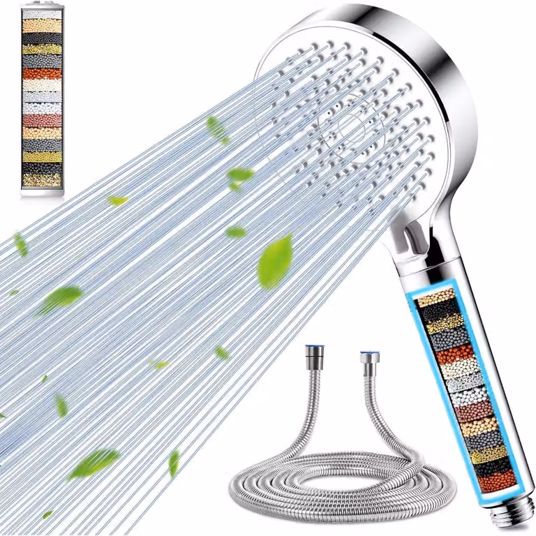 Doccia con filtro, 20 strati, soffione manuale, 5 getti, alta pressione, risparmio idrico, colore bianco, con tubo