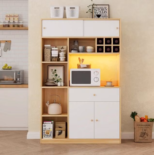 Mobile da Cucina con LED, Buffet Multiuso con Cassetto, Tre Ante e Ripiani, 115×35×180 cm, Bianco e Legno Naturale