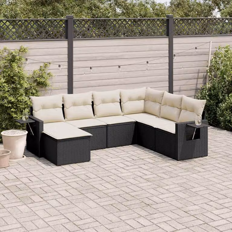Set Divani da Giardino a L vidaXL in Polyrattan Nero con 7 Cuscini e Tavolino