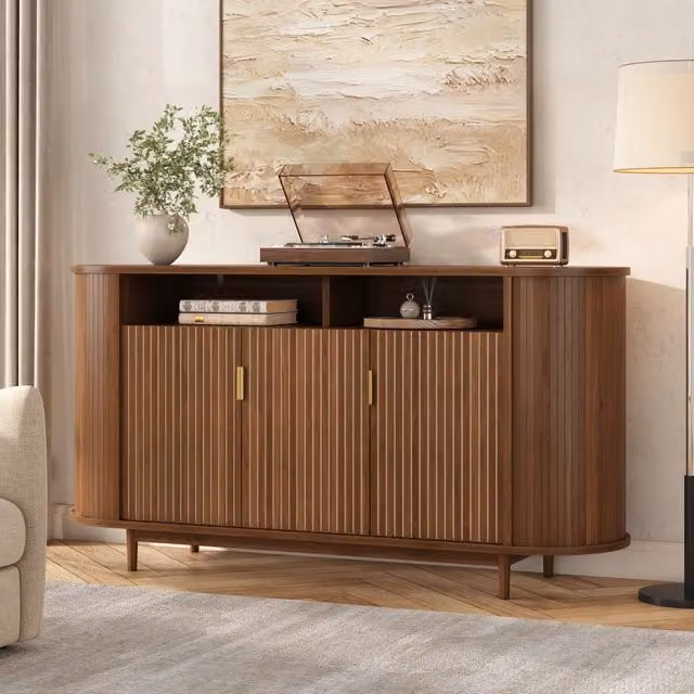 Madia moderna a 3 ante con vano contenitore in MDF e pannello truciolare color noce L: 140 cm, P: 40 cm, H: 78 cm
