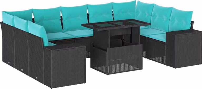 set di divani da giardino da 10 pezzi con cuscini, in polyrattan nero