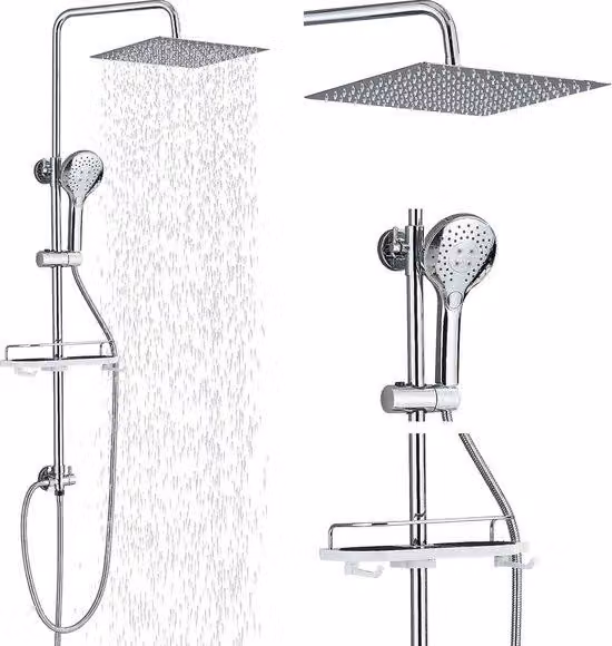 Sistema di irrigazione Unyqoos® senza miscelatore – set doccia cromato con ripiano, soffione quadrato 30x30 cm (acciaio inossidabile SUS304), doccetta con 3 getti (POM/ABS), altezza regolabile da 82 a 123 cm, tubo flessibile da 150 cm, attacco G1/2