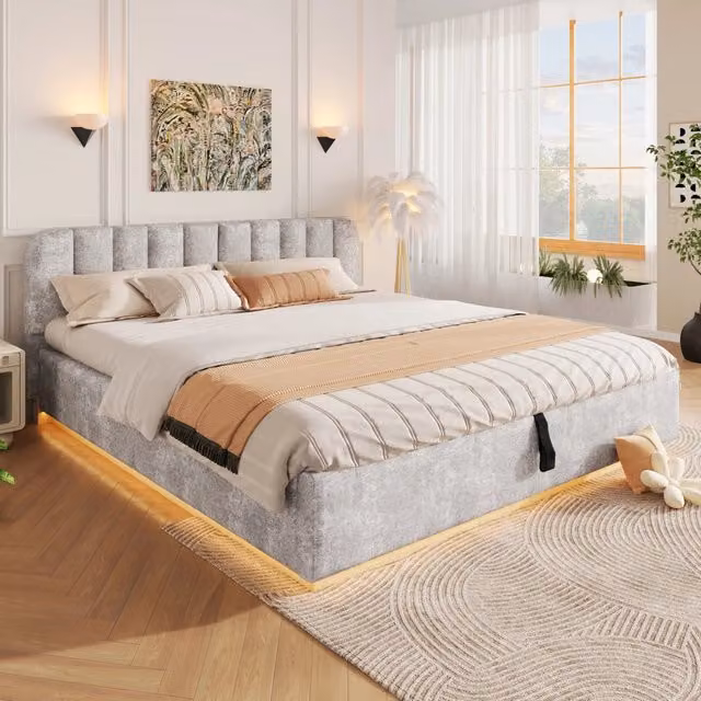Letto contenitore imbottito in ciniglia 180 x 200 cm, con contenitore idraulico, LED, testiera trapuntata e rete a doghe, grigio chiaro