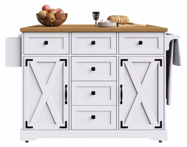 Isola da cucina - Carrello da cucina mobile e mobiletto per buffet - Griglia in legno - Ampio spazio di stoccaggio - Materiali: MDF e metallo - Da assemblare - Bianco