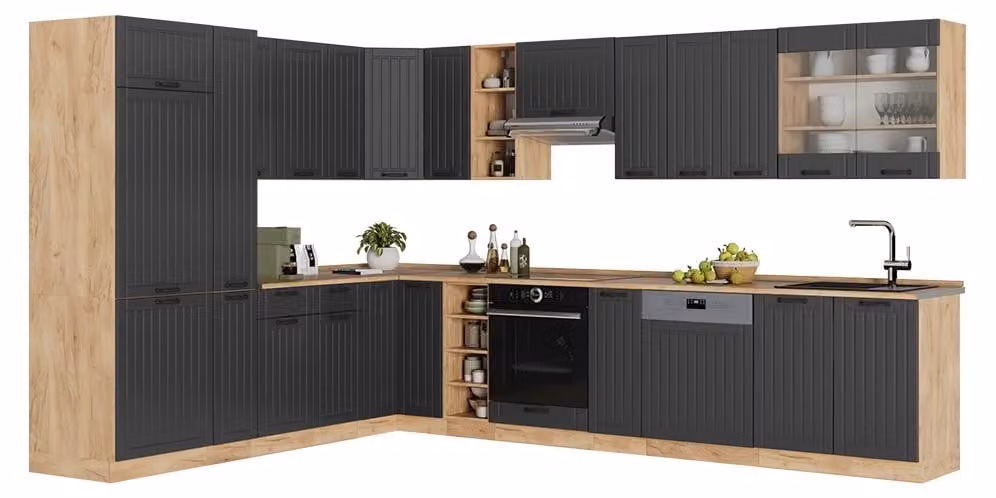 Cucina angolare completa Vicco Fame-Line Grigio scuro/Rovere dorato 347 x 257 cm, PL Rovere, Model 56766